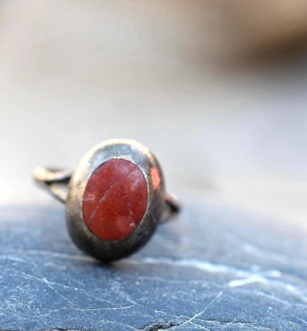 Taxco Modernist Sterling Ring Orange Stone Signed SC Eagle 3 Size 6.5